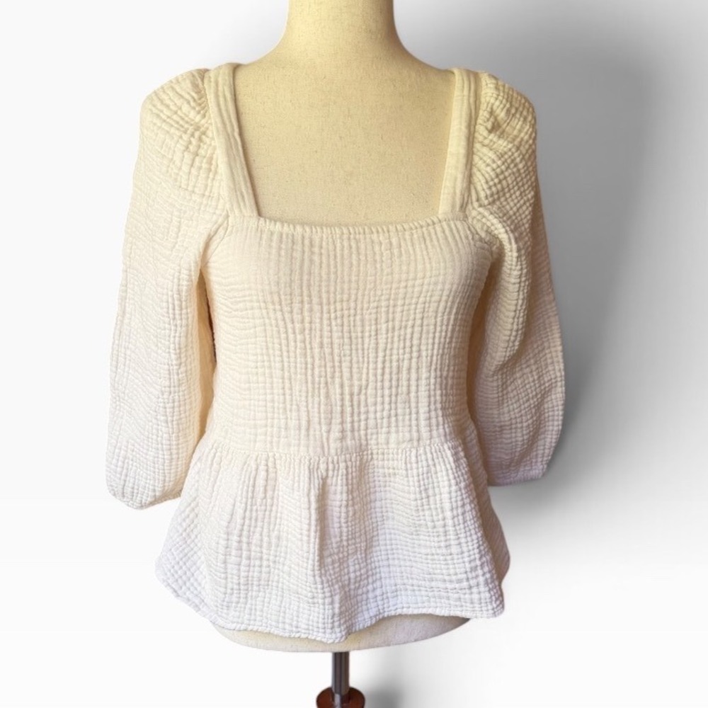 Madewell Light Ivory Gauze Peplum Top Square Neck Puff Sleeve XXS